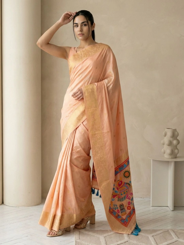 Soft Silk Saree with Gold Zari Floral Motifs & Meenakari Sparrow Pallu - FREE, PEACH