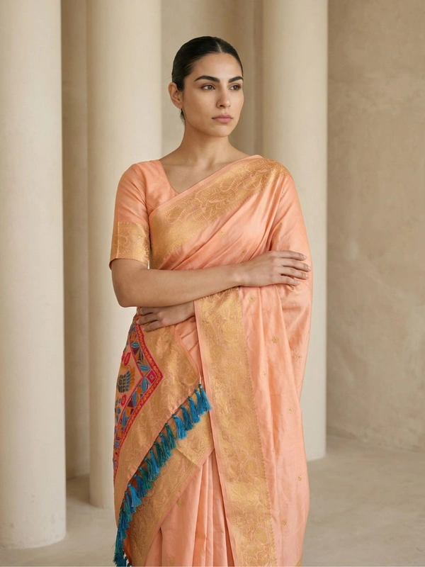 Soft Silk Saree with Gold Zari Floral Motifs & Meenakari Sparrow Pallu - FREE, PEACH
