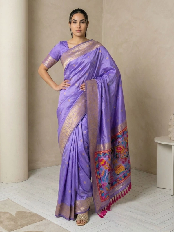 Soft Silk Saree with Gold Zari Floral Motifs & Meenakari Sparrow Pallu