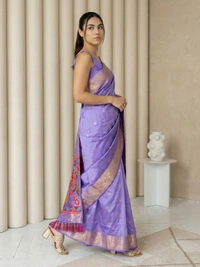 Soft Silk Saree with Gold Zari Floral Motifs & Meenakari Sparrow Pallu - FREE, LAVENDER