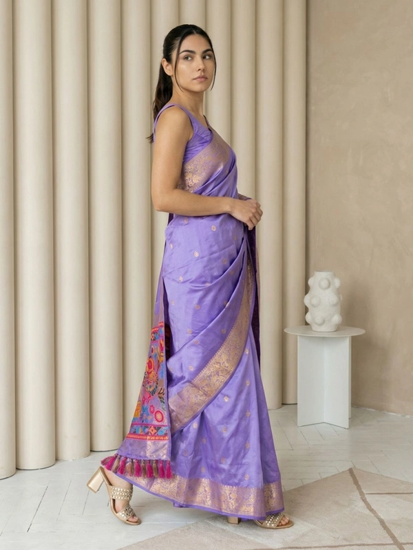 Soft Silk Saree with Gold Zari Floral Motifs & Meenakari Sparrow Pallu - FREE, LAVENDER