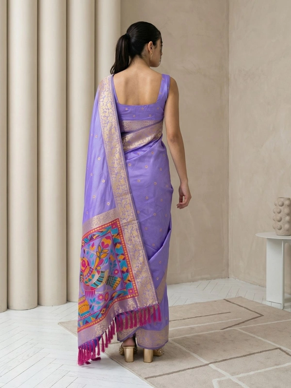 Soft Silk Saree with Gold Zari Floral Motifs & Meenakari Sparrow Pallu - FREE, LAVENDER