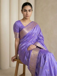 Soft Silk Saree with Gold Zari Floral Motifs & Meenakari Sparrow Pallu - FREE, LAVENDER