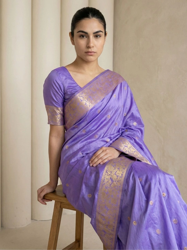 Soft Silk Saree with Gold Zari Floral Motifs & Meenakari Sparrow Pallu - FREE, LAVENDER