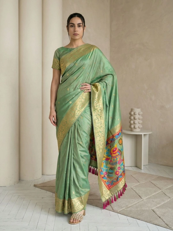 Soft Silk Saree with Gold Zari Floral Motifs & Meenakari Sparrow Pallu