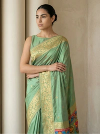 Soft Silk Saree with Gold Zari Floral Motifs & Meenakari Sparrow Pallu - FREE, GREEN