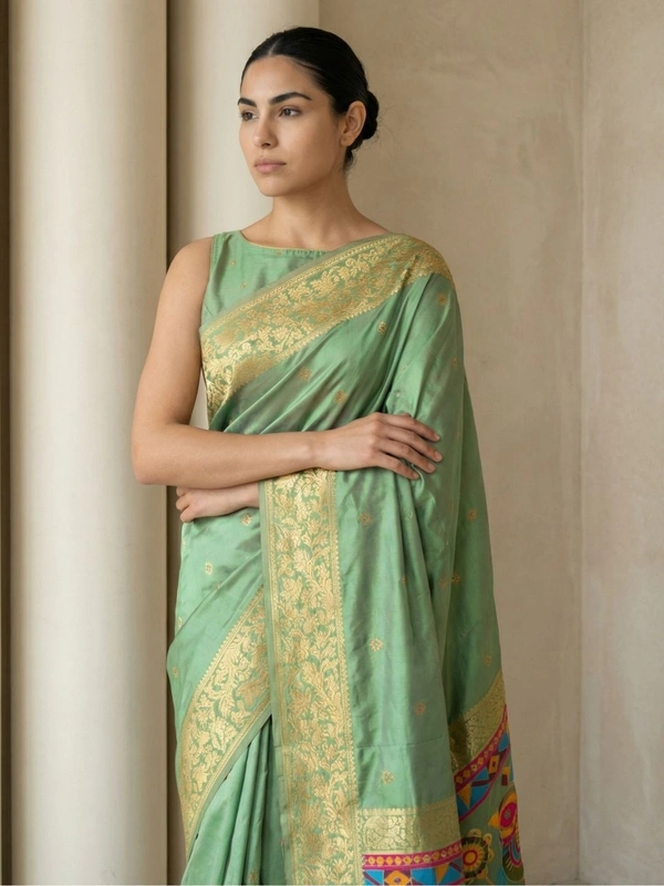 Soft Silk Saree with Gold Zari Floral Motifs & Meenakari Sparrow Pallu - FREE, GREEN