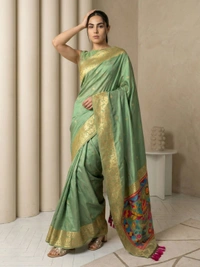Soft Silk Saree with Gold Zari Floral Motifs & Meenakari Sparrow Pallu - FREE, GREEN