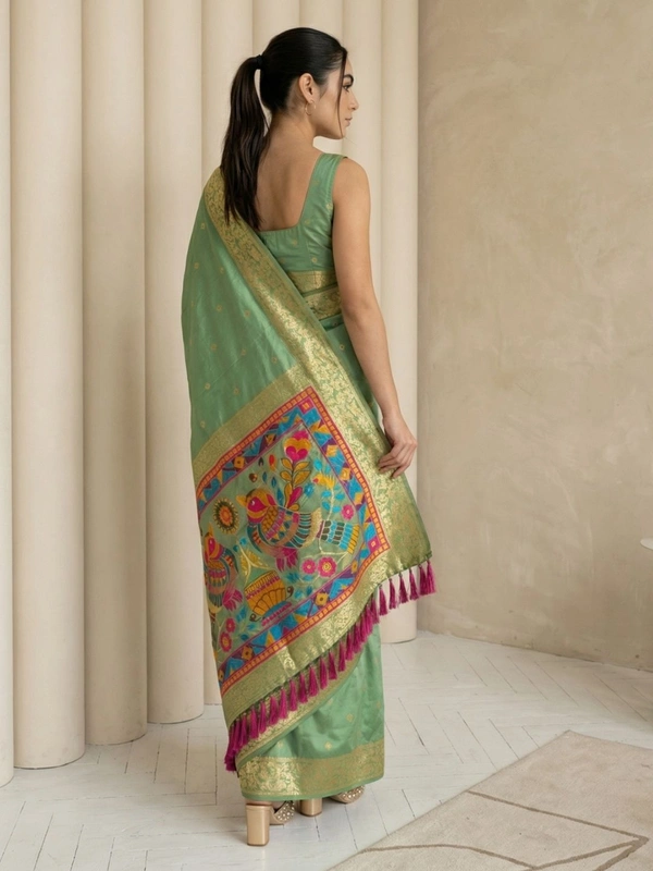 Soft Silk Saree with Gold Zari Floral Motifs & Meenakari Sparrow Pallu - FREE, GREEN