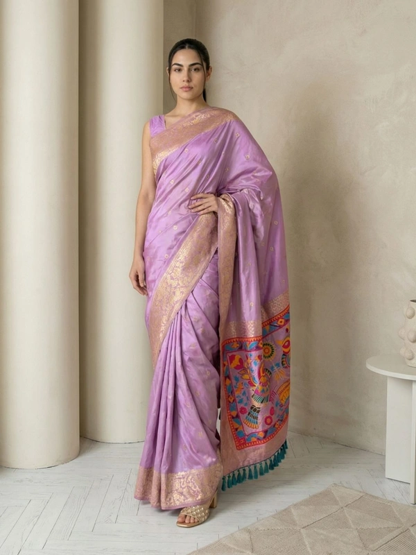 Soft Silk Saree with Gold Zari Floral Motifs & Meenakari Sparrow Pallu