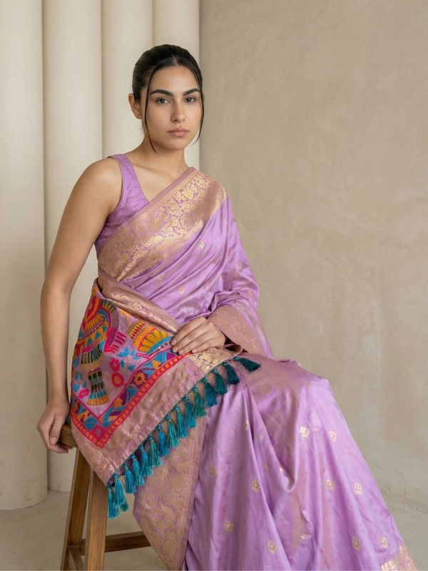Soft Silk Saree with Gold Zari Floral Motifs & Meenakari Sparrow Pallu - FREE, FANCY PINK