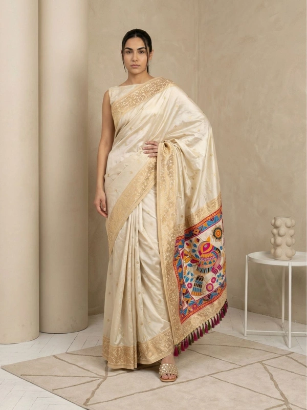 Soft Silk Saree with Gold Zari Floral Motifs & Meenakari Sparrow Pallu