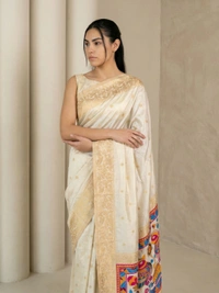 Soft Silk Saree with Gold Zari Floral Motifs & Meenakari Sparrow Pallu - FREE, CREAM