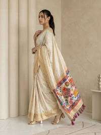 Soft Silk Saree with Gold Zari Floral Motifs & Meenakari Sparrow Pallu - FREE, CREAM