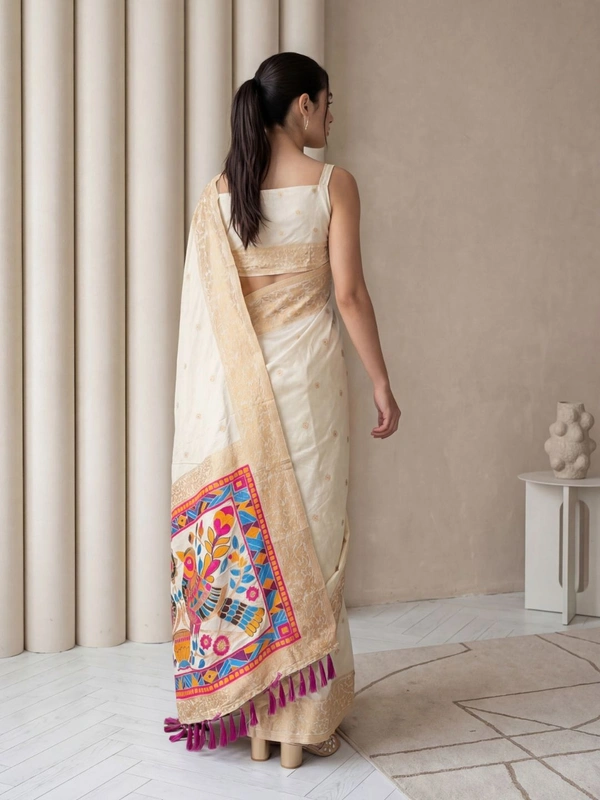 Soft Silk Saree with Gold Zari Floral Motifs & Meenakari Sparrow Pallu - FREE, CREAM