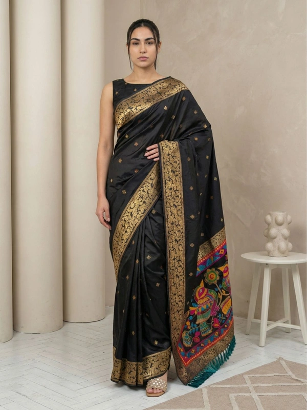Soft Silk Saree with Gold Zari Floral Motifs & Meenakari Sparrow Pallu