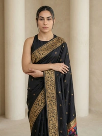 Soft Silk Saree with Gold Zari Floral Motifs & Meenakari Sparrow Pallu - FREE, BLACK