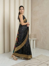 Soft Silk Saree with Gold Zari Floral Motifs & Meenakari Sparrow Pallu - FREE, BLACK