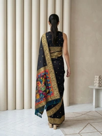 Soft Silk Saree with Gold Zari Floral Motifs & Meenakari Sparrow Pallu - FREE, BLACK