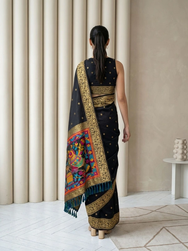 Soft Silk Saree with Gold Zari Floral Motifs & Meenakari Sparrow Pallu - FREE, BLACK
