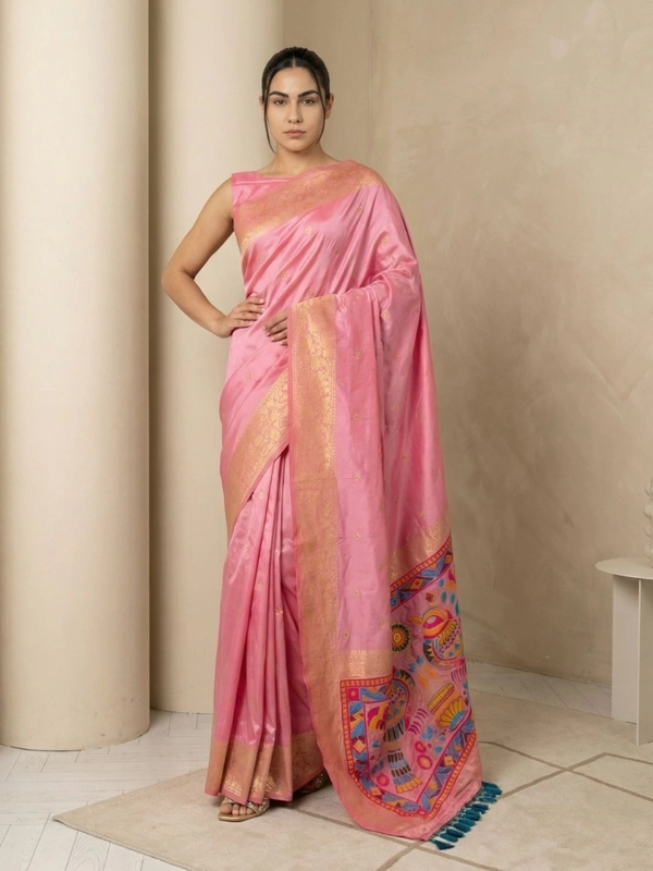 Soft Silk Saree with Gold Zari Floral Motifs & Meenakari Sparrow Pallu