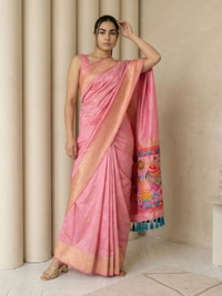 Soft Silk Saree with Gold Zari Floral Motifs & Meenakari Sparrow Pallu - FREE, BABYPINK