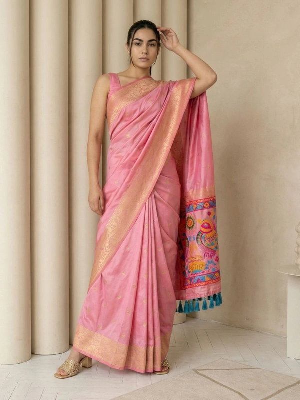 Soft Silk Saree with Gold Zari Floral Motifs & Meenakari Sparrow Pallu - FREE, BABYPINK