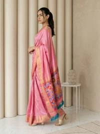 Soft Silk Saree with Gold Zari Floral Motifs & Meenakari Sparrow Pallu - FREE, BABYPINK