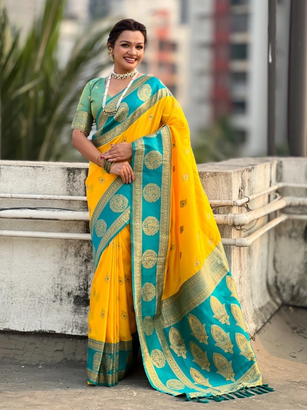 Soft Silk Saree with Peacock Zari Motifs and Contrast Peacock Panel Border