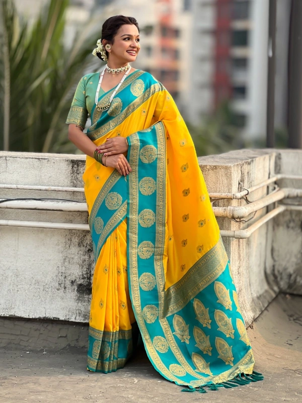 Soft Silk Saree with Peacock Zari Motifs and Contrast Peacock Panel Border - FREE, YELLOW