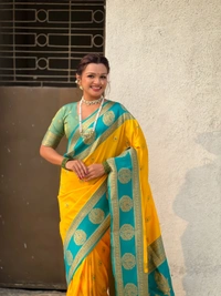Soft Silk Saree with Peacock Zari Motifs and Contrast Peacock Panel Border - FREE, YELLOW