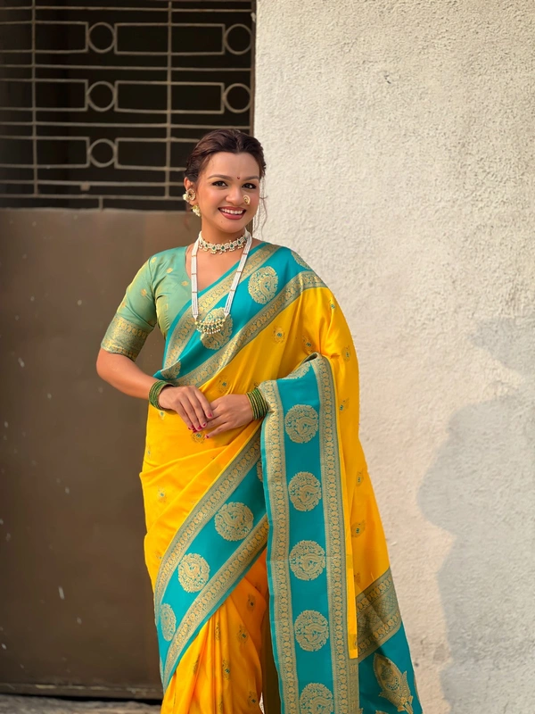 Soft Silk Saree with Peacock Zari Motifs and Contrast Peacock Panel Border - FREE, YELLOW