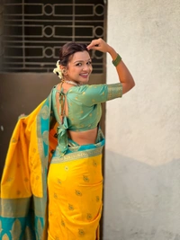 Soft Silk Saree with Peacock Zari Motifs and Contrast Peacock Panel Border - FREE, YELLOW