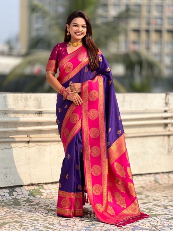 Soft Silk Saree with Peacock Zari Motifs and Contrast Peacock Panel Border