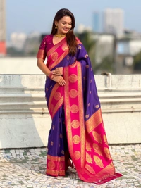 Soft Silk Saree with Peacock Zari Motifs and Contrast Peacock Panel Border - FREE, VIOLET