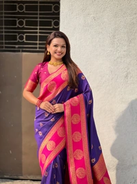 Soft Silk Saree with Peacock Zari Motifs and Contrast Peacock Panel Border - FREE, VIOLET