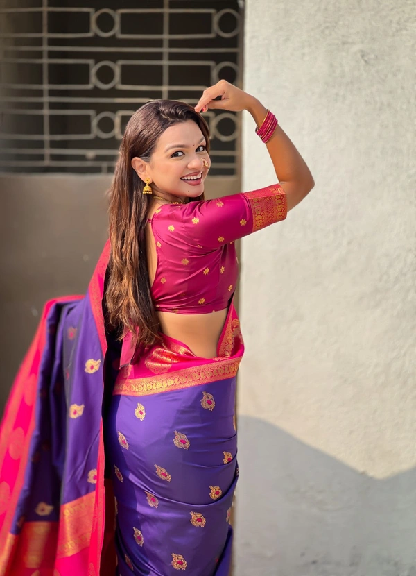 Soft Silk Saree with Peacock Zari Motifs and Contrast Peacock Panel Border - FREE, VIOLET