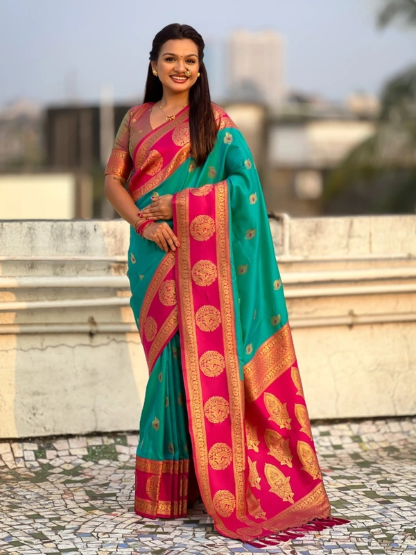 Soft Silk Saree with Peacock Zari Motifs and Contrast Peacock Panel Border