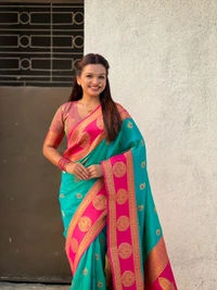 Soft Silk Saree with Peacock Zari Motifs and Contrast Peacock Panel Border - FREE, SKY