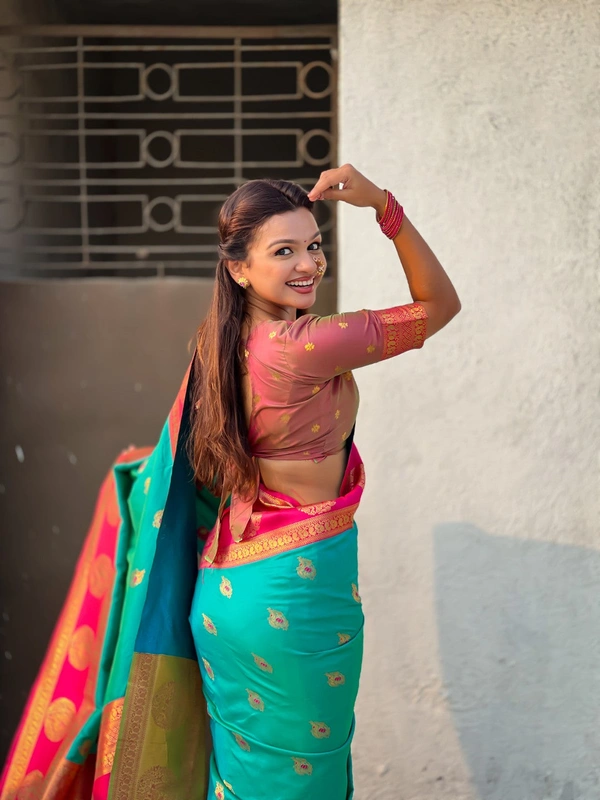 Soft Silk Saree with Peacock Zari Motifs and Contrast Peacock Panel Border - FREE, SKY