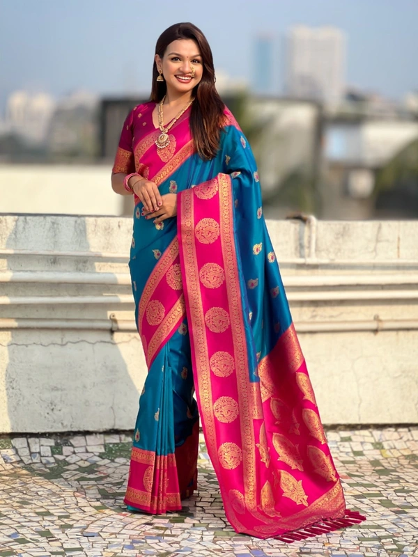 Soft Silk Saree with Peacock Zari Motifs and Contrast Peacock Panel Border