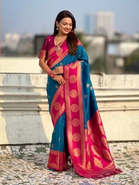 Soft Silk Saree with Peacock Zari Motifs and Contrast Peacock Panel Border - FREE, RAMA
