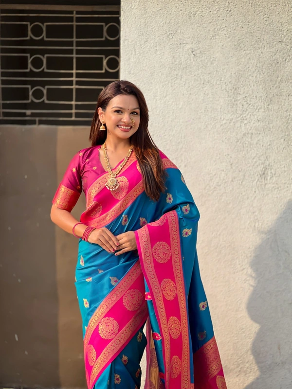 Soft Silk Saree with Peacock Zari Motifs and Contrast Peacock Panel Border - FREE, RAMA