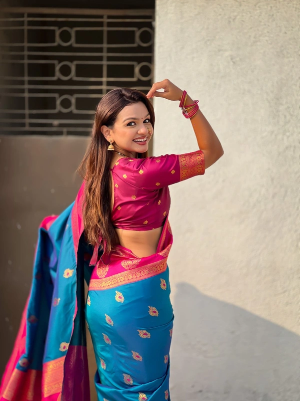 Soft Silk Saree with Peacock Zari Motifs and Contrast Peacock Panel Border - FREE, RAMA