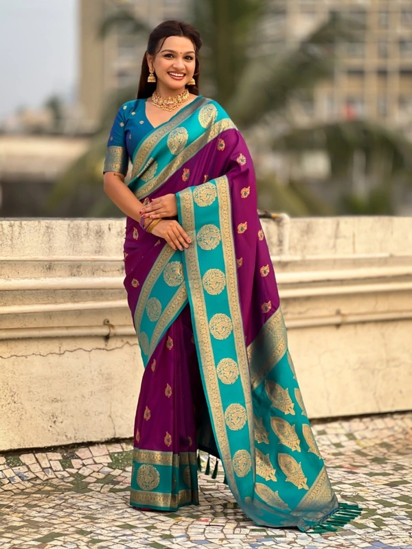 Soft Silk Saree with Peacock Zari Motifs and Contrast Peacock Panel Border