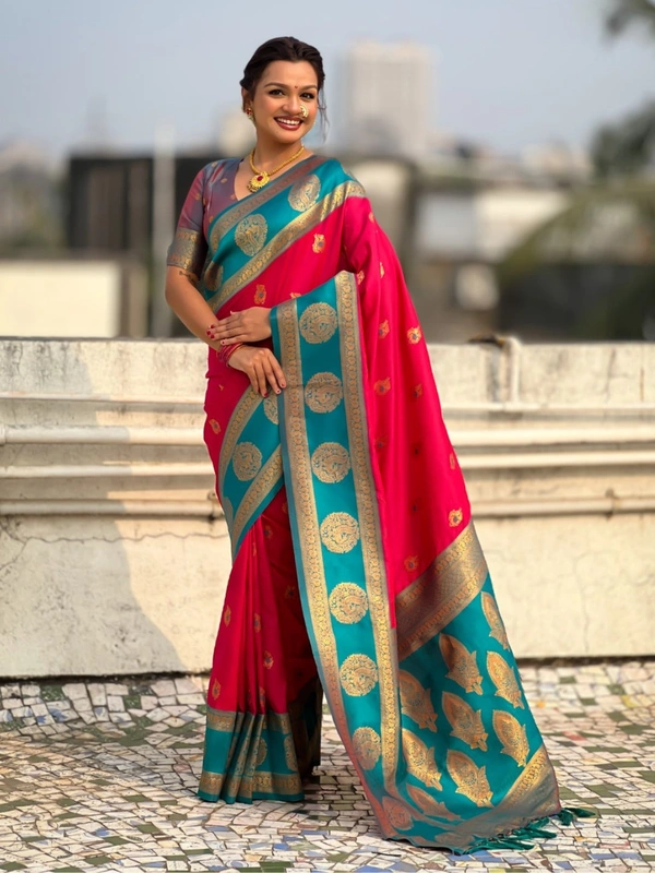 Soft Silk Saree with Peacock Zari Motifs and Contrast Peacock Panel Border