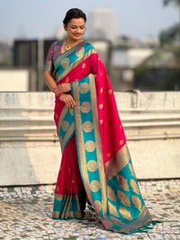Soft Silk Saree with Peacock Zari Motifs and Contrast Peacock Panel Border - FREE, PINK