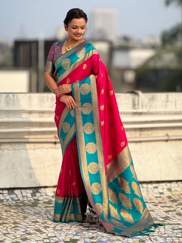 Soft Silk Saree with Peacock Zari Motifs and Contrast Peacock Panel Border - FREE, PINK