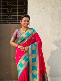 Soft Silk Saree with Peacock Zari Motifs and Contrast Peacock Panel Border - FREE, PINK