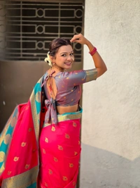 Soft Silk Saree with Peacock Zari Motifs and Contrast Peacock Panel Border - FREE, PINK